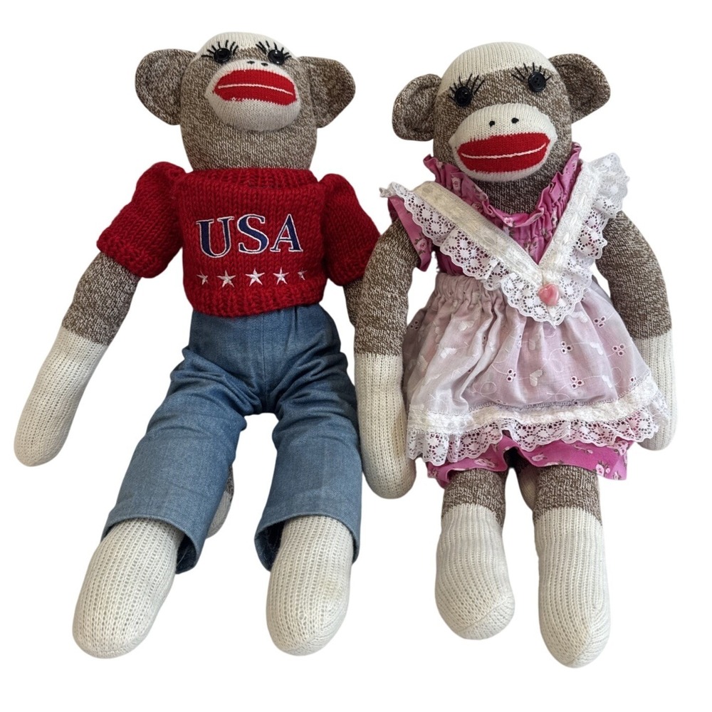 Pair‎ of Handmade Patriotic Sock Monkeys USA Red Sweater Girl Pink Dress Toys